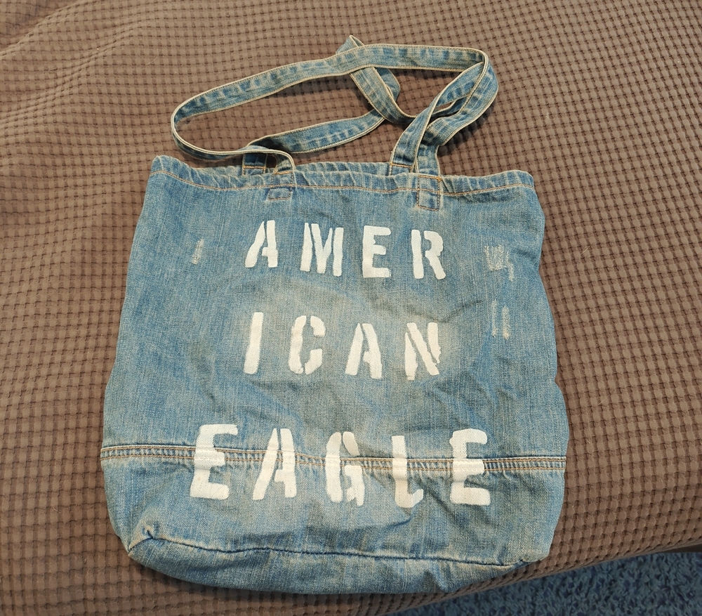 American Eagle Outfitters Blue Denim Shoulder Tote with White Stenciled Logo